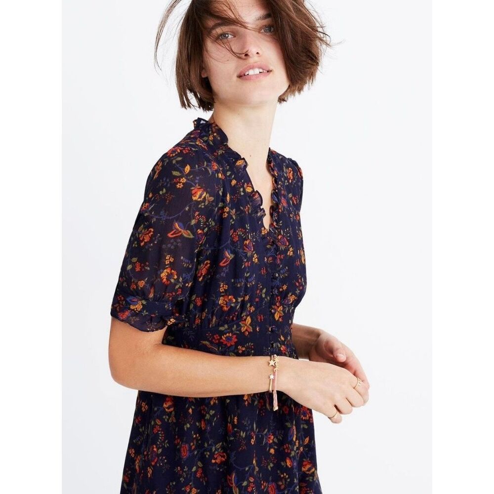 NEW Madewell Women’s 6 Freesia Floral Ruffled Dress in Climbing Vine Navy - Picture 3 of 8
